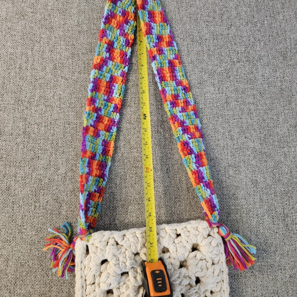 Festival Vintage Crochet Crossbody  Handbag Boho Off White Multicolor Strap - Picture 8 of 12